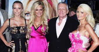 Kendra Wilkinson, Bridget Marquardt, Hugh Hefner and Holly Madison back when they were all “dating”