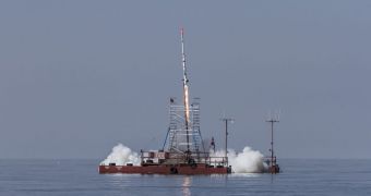 Copenhagen Suborbitals' SMARAGD-1 rocket launches into the atmosphere, on July 27, 2012