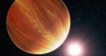 Artistic illustration of the gas giant planet HD 209458b, which sits 150 light-years from Earth
