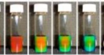 Image shows the solution of iron oxide in water changing color under a magnetic field, with increasing strength of the field from left to right.