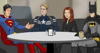 Superman, Captain America, Black Widow and Batman hang out at the coffee shop