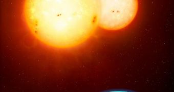 Artist's impression of a circumbinary exoplanet and its parent stars