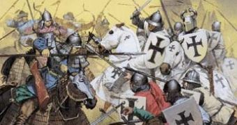 A fight between Muslims and Christian knights during the Crusades