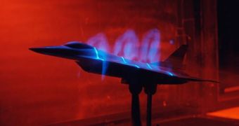 F-16 model undergoing wind tunnel tests
