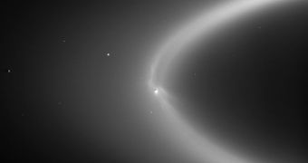Cassini image of Enceladus and the E ring around Saturn