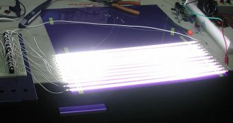 Image of a series of cold cathode fluorescent lamps similar to those used in LCD backlights