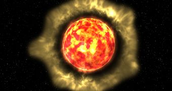 This artist's impression shows a dust envelope surrounding a middleweight star during the red giant phase of its life