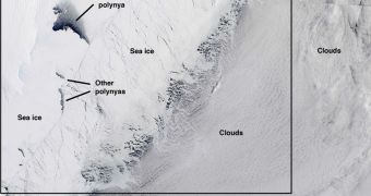 This annotated image shows the Totten Glacier ice shelf in East Antarctica (the wrinkled white area at top left) on Sept. 25, 2013