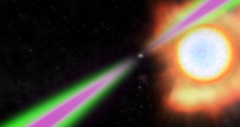 PSR J1311−3430 spins 390 times per second, releasing radio (green) and gamma-ray (magenta) beams towards Earth