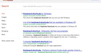 The small blue arrow next to the first result indicates that keyboard shortcuts are "enabled"