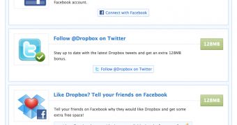Dropbox offers to extend users' space by as much as 768MB by linking the service to Twitter, Facebook
