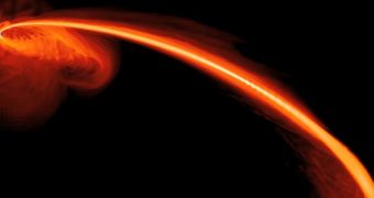 Rendering of material from a star being funneled into a black hole