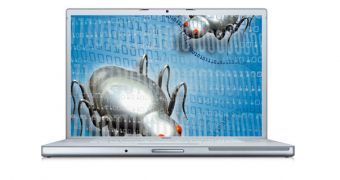 A Macbook screen depicting bugs chewing on bit strings