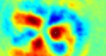 Above is a false-color image taken from a fast imaging camera that shows the “plasma weather patterns” that form and propagate in Controlled Shear Decorrelation Experiments