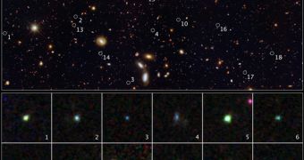 This image reveals 18 tiny galaxies uncovered by NASA's Hubble Space Telescope