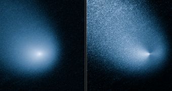 Unprocessed (left) and processed images of C/2013 A1, snapped by Hubble on March 11, 2014