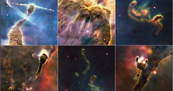 This is a series of close-up views of the complex gas structures in a small portion of the Carina Nebula