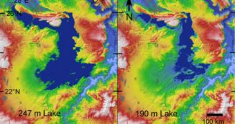 Images showing depth variation between seasons, at the ancient lake found in the Egyptian Sahara