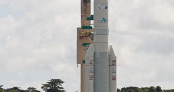 ESA image showing the Ariane 5 rocket standing by for launch on November 26