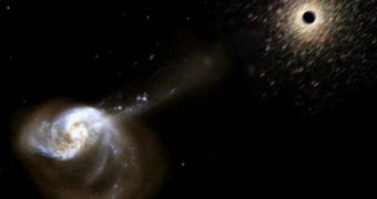 This artist's conception shows a rogue black hole that has been kicked out from the center of two merging galaxies. The black hole is surrounded by a cluster of stars that were ripped from the galaxies