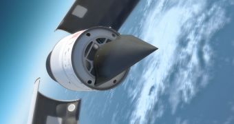 This is a rendition of a hypersonic aircraft separating from its carrier rocket