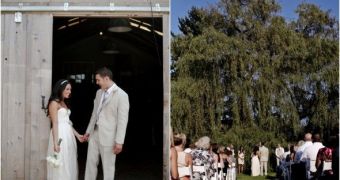 Couple getting married at a farm