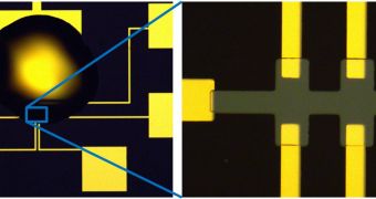 Optical image of a typical ionic liquid (IL) gated device with a droplet of IL on top of the gate electrode and the oxide channel