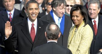 President Barack Obama being sworn in on January 20th, in Washington, DC