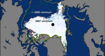This image shows the Arctic as observed by the Advanced Microwave Scanning Radiometer for EOS (AMSR-E) aboard NASA’s Aqua satellite on September 16, 2007. It depicts a record sea ice minimum in the Arctic