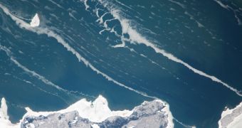 Ice stringers in Lake Michigan, as seen from the ISS
