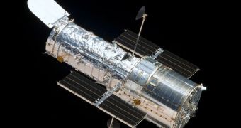 This is the Hubble Space Telescope, in low-Earth orbit