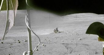 The Apollo 16 Lunar Module is seen in the distance, in this image collected from the Lunar Roving Vehicle
