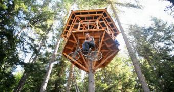 Ingenious designer created a pedal-powered elevator to reach his treehouse