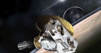 An artist's depiction of NASA's New Horizons mission, orbiting Pluto. The Sun is visible in the background