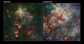 Left: wide-field view of the Tarantula Nebula; Right: a narrower, more detailed view of part of the nebula, observed by Hubble’s Advanced Camera for Surveys