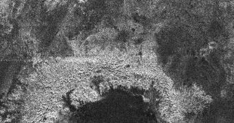 Photo showing one of the craters dotting the surface of Saturn's moon Titan