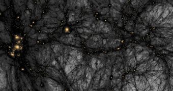 This image shows a tiny portion of the dark matter scaffolding underlying the Universe