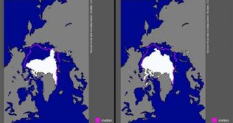 Ice extent in September 2007 (left) and the previous record in September 2005 (right)