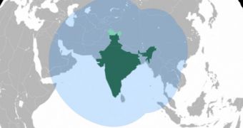 A diagram of the area the IRNSS satellite navigation system will cover. The Indian landmass is shown in green