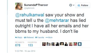 In one of her last tweets, Sunanda Pushkar Tharoor spoke of her husband's affair with the Pakistani journalist