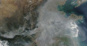 Pollution-induced Haze is seen here covering the eastern parts of China