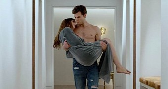 Dakota Johnson and Jamie Dornan as Anastasia Steele and Christian Grey in “Fifty Shades of Grey”