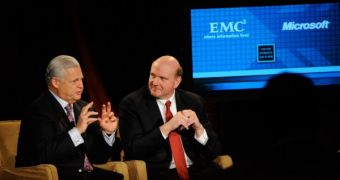Joe Tucci (left), chairman, president and chief executive officer, EMC Corp., and Microsoft Chief Executive Officer Steve Ballmer (right)