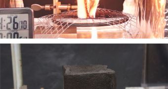 Above, untreated polyurethane foam catches fire from a nearby heat source. Below, foam treated with a novel clay-filled coating did not ignite when exposed to the same heat source