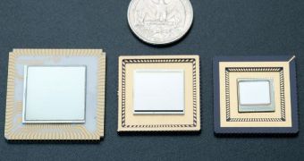 This picture shows three High Operating Temperature Infrared Sensors, mounted on leadless chip carriers, fabricated in the JPL Microdevices Laboratory