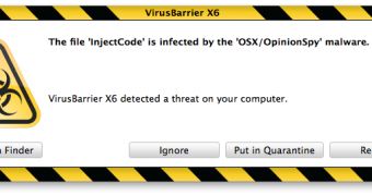 A screenshot depicting Intego's VirusBarrier X6 antivirus software detecting OSX/OpinionSpy