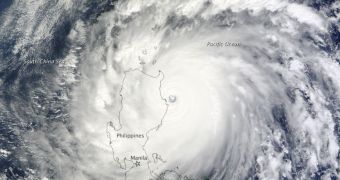 MODIS image of the super typhoon Megi, above the Philippines