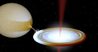 Rendering of a small black hole feeding off a companion star in a binary system