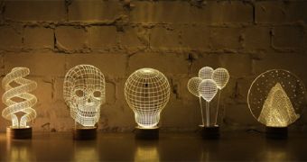 3D wire-frame images are attached to the lamp to create the optical illusion of depth