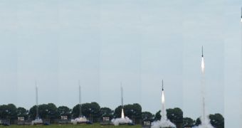 Time-lapse images, showing a new, ALICE-propelled rocket taking off